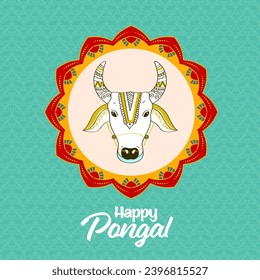 Happy Pongal Celebration Concept with Doodle Cow Or Bull Face over Circular Frame on Turquoise Flourish Background (Feliz Concepto de Celebración Pongal con Doodle Cow o Cara de Toro sobre Marco Circular sobre fondo turquesa floreciente.