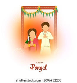 Happy Pongal Celebration Concept With Faceless South Indian Couple Giving Greets At Door On White And Orange Background.