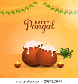 Happy Pongal Celebration Concept With Mud Pots Full Of Traditional Dish (Pongal Rice), Lit Oil Lamps, Sugarcane And Toran On Orange Glossy Background.