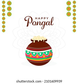 Happy Pongal Celebration Concept With Mud Pot Full Of Traditional Dish (Rice) And Flower Garland On Pastel Pink Mandala Pattern Background.