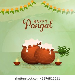 Happy Pongal Celebration Concept with Mud Pots Full Of Traditional Dish (Pongal Rice), Lit Oil Lamps, Sugarcane and Toran Decor on Light Green Background.