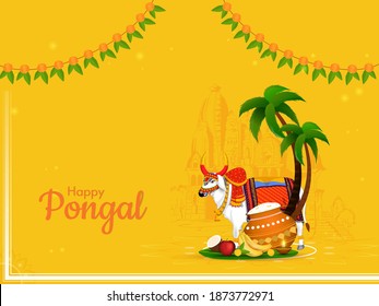 Happy Pongal Celebration Concept With Ox Character, Rice Mud Pot, Fruits, Palm Or Coconut Trees, Toran On Yellow Temple Background.