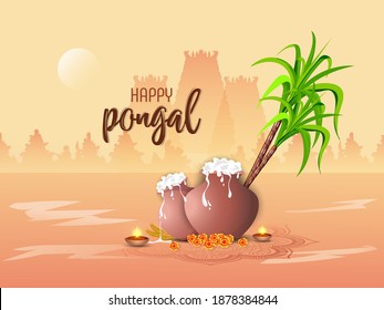 Happy Pongal Celebration Concept. Pongal Celebration. Pongali Rice In Mud Pot, With Oil Lamp.