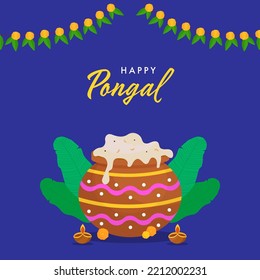 Happy Pongal Celebration Concept With Pongali Rice In Mud Pot, Lit Oil Lamps (Diya), Banana Leaves And Floral Garland (Toran) On Blue Background.