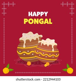 Happy Pongal Celebration Concept With Pongali Rice In Mud Pots And Marigold Flowers On Dark Pink Background.