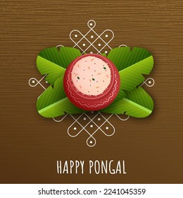 Happy Pongal Celebration Concept With Top View Of Pongali Rice In Clay Pot, Banana Leaves Over Rangoli (Kolam) Brown Background.