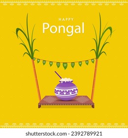 Happy Pongal Celebration Concept with Traditional Dish (Rice) In Mud Pot Over Small Stool Or Table (Chowki), Worship Leaves And Sugarcane on Yellow Background.