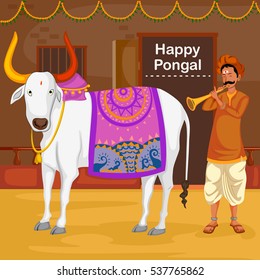 Happy Pongal celebration with farmer playing flute with cow in vector