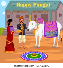 Happy Pongal celebration with farmer playing flute and lady offering cow in vector