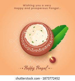 Happy Pongal Celebration Greeting Card With Top View Of Rice Mud Pot, Banana Leaf, Lit Oil Lamp On Pastel Orange Background.