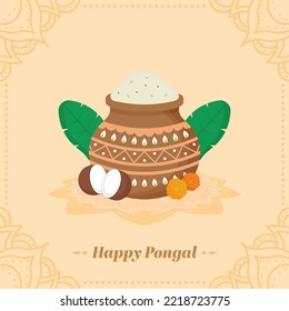 Happy Pongal Celebration Greeting Card With Mud Pot Full Of Rice, Coconut, Banana Leaves, Marigold Flower On Light Orange Rangoli Background.