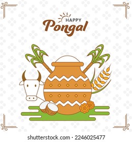 Happy Pongal Celebration Greeting Card With Festival Elements Against Dense Dotted Rhombus Pattern White Background.