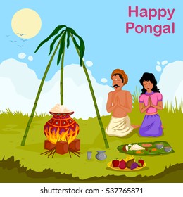 Happy Pongal celebration with people praying and pot of rice in vector
