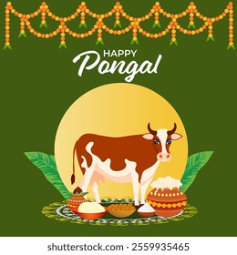Happy Pongal Celebration Poster with Cow Character and Festival Elements on Green Background.