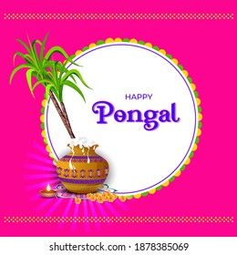 Happy Pongal Celebration Poster Design On Pink Background. Pongali Rice In Mud Pot, With Oil Lamp.