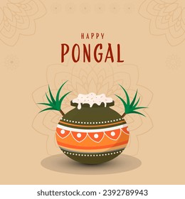 Happy Pongal Celebration Poster Design with Traditional Dish (Rice) in Mud Pot and Sugarcane on Beige Mandala Pattern Background.