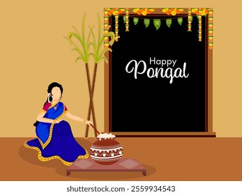 Happy Pongal Celebration Poster with Faceless South Indian Woman Stirring Rice in Mud Pot at Home Illustration.