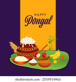 Happy Pongal Celebration Poster with Traditional Clay Pot of Rice Dish, Wheat Ear, Sugarcane, Indian Sweet (Laddu) and Fruit on Banana Leaf Illustration.