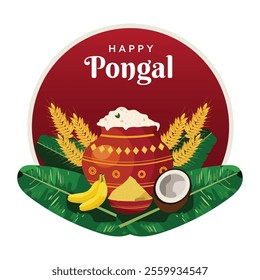 Happy Pongal Celebration Poster with Traditional Clay Pot of Rice Dish, Coconut, Wheat Ears, Banana Leaves on White and Red Background.