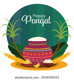 Happy Pongal Celebration Poster with Traditional Mud Pot of Rice, Banana and Sugarcane on Abstract Background.