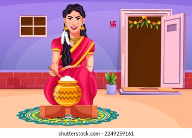 Feliz celebración de Pongal con Rangoli y olla de barro de arroz. Muchacha tamil ofreciendo oraciones. avatar del concepto de celebración del festival cultural indio. Festival de saludos de cosecha del sur de India. Fuera de casa.