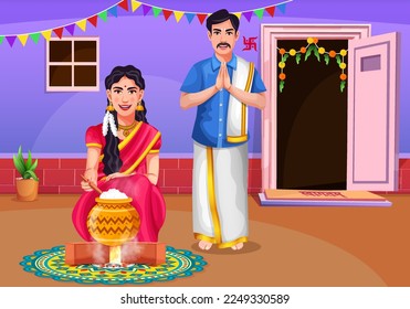 Feliz celebración de Pongal con Rangoli y olla de barro de arroz. Pareja tamil ofreciendo oraciones. avatar del concepto de celebración del festival cultural indio. Vector del festival de saludos de cosecha del sur de India.