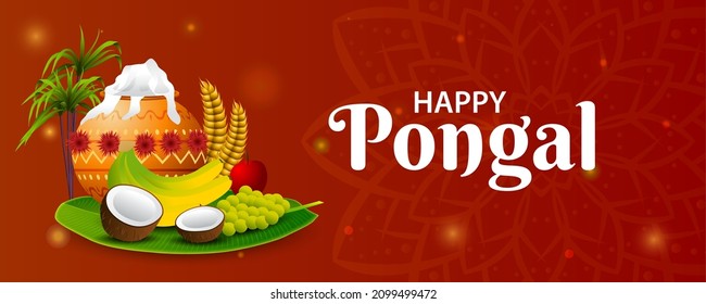 Happy Pongal celebration. Social media header or banner design with traditional pot, sugarcane and illuminated oil lamp on glossy blurred bokeh background.