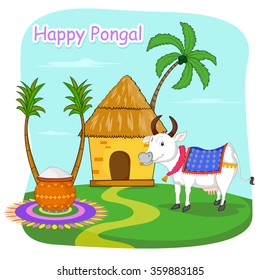 Happy Pongal celebration with sugarcane and pot of rice in vector