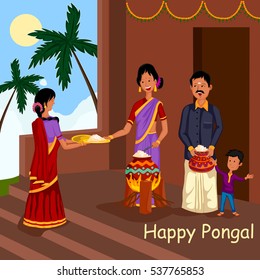 Happy Pongal celebration with sugarcane and pot of rice in vector
