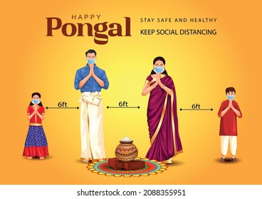 Happy Pongal celebration with sugarcane, Rangoli, pot and rice. Tamil family offering prayers. Indian cultural festival celebration concept vector illustration greetings. covid 19, coronavirus concept