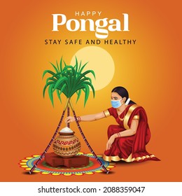 Happy Pongal celebration with sugarcane, Rangoli, pot and rice. Tamil girl wearing face mask. Indian cultural festival celebration concept vector illustration greetings. covid 19, coronavirus concept