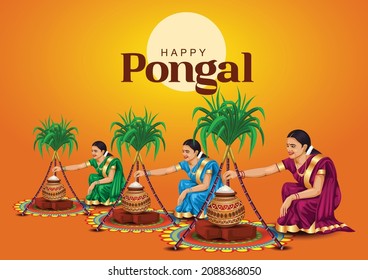 Happy Pongal celebration with sugarcane, Rangoli and pot of rice. Tamil group of girls making Pongal. Indian cultural festival celebration concept illustration vector design.