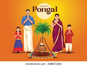 Happy Pongal celebration with sugarcane, Rangoli and pot of rice. Tamil family offering prayers. Indian cultural festival celebration concept illustration vector design.