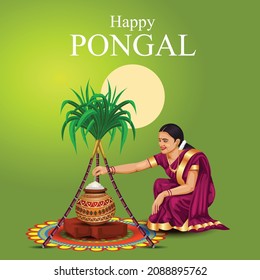 Happy Pongal celebration with sugarcane, Rangoli and pot of rice. Tamil girl making Pongal. Indian cultural festival celebration concept illustration vector design.