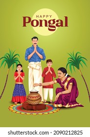 Happy Pongal celebration with sugarcane, Rangoli and pot of rice. Tamil family offering prayers. Indian cultural festival celebration concept illustration vector design.