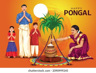 Happy Pongal celebration with sugarcane, Rangoli and pot of rice. Tamil family offering prayers. Indian cultural festival celebration concept illustration vector design.