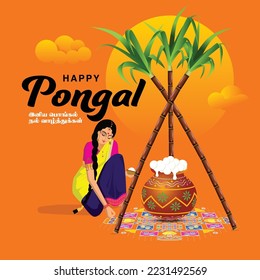 Happy Pongal celebration with sugarcane, Rangoli and pot of rice. woman making rangoli. Happy pongal written in Tamil language