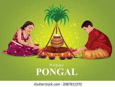 Happy Pongal celebrations banner, template or poster design. South Indian harvest festival with kids making  Pongal on dark background. vector illustration design