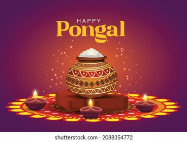 Happy Pongal celebrations banner, template or poster design. South Indian harvest festival with religious offerings and traditional pot on dark background. vector illustration design