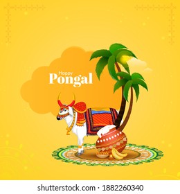 Happy Pongal Concept With Decorative Ox Character, Pongali Rice In Mud Pot, Sweet (Laddu), Banana And Palm Trees On Yellow Background.