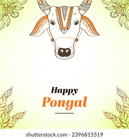 Feliz concepto de Pongal con cara de vaca o toro al estilo de Doodle, oído de trigo y fondo floral.