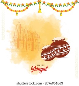 Happy Pongal Concept With Mud Pots Full Of Traditional Dish (Rice),Yellow Watercolor Effect Temple On White Background.