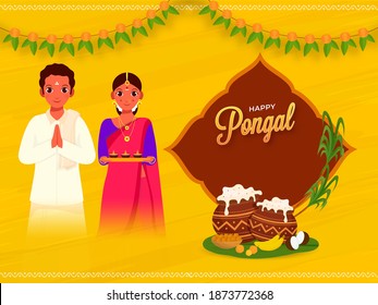 Happy Pongal Concept With South Indian Couple Greets, Traditional Dish In Mud Pots, Fruit, Sweet (Laddu), Sugarcane And Toran On Yellow Background.