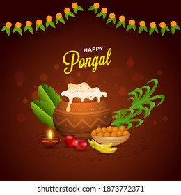 Happy Pongal Concept With Traditional Dish In Mud Pot, Fruit, Laddu Bowl, Sugarcane, Banana Leaves And Toran On Brown Background.