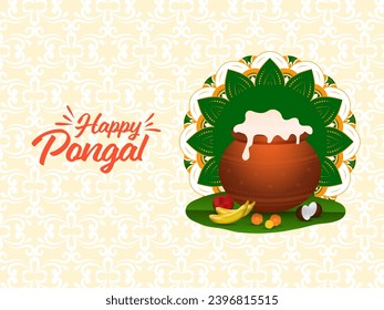 Happy Pongal Concept with Traditional Dish Filled Mud Pot, Fruits over Banana Leaf on White and Yellow Flourish Background.