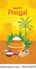  A Happy Pongal design featuring traditional Pongal pots, sugarcane, and festive food items with a bright yellow background, symbolizing gratitude and the harvest season