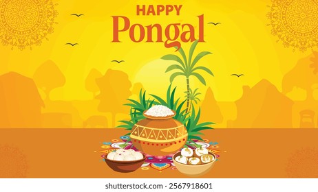  A Happy Pongal design featuring traditional Pongal pots, sugarcane, and festive food items with a bright yellow background, symbolizing gratitude and the harvest season