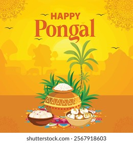  A Happy Pongal design featuring traditional Pongal pots, sugarcane, and festive food items with a bright yellow background, symbolizing gratitude and the harvest season