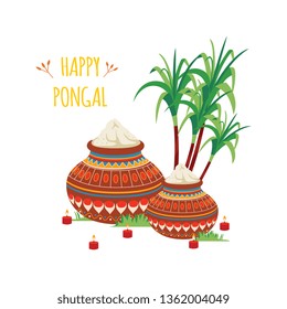 Happy Pongal design of Indian clay pots with rice and sugarcane cartoon style, vector illustration isolated on white background. Hindu festival of harvest celebration greeting card