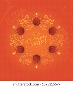 Happy Pongal Festival Background Template Decorated with Round Floral Ornament and Lamps